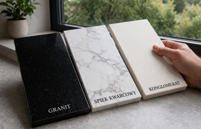 Porównanie materiałów na parapety wewnętrzne: granit, spiek kwarcowy czy konglomerat. Wizualizacja eleganckiego wykończenia okna na wymiar w salonie.