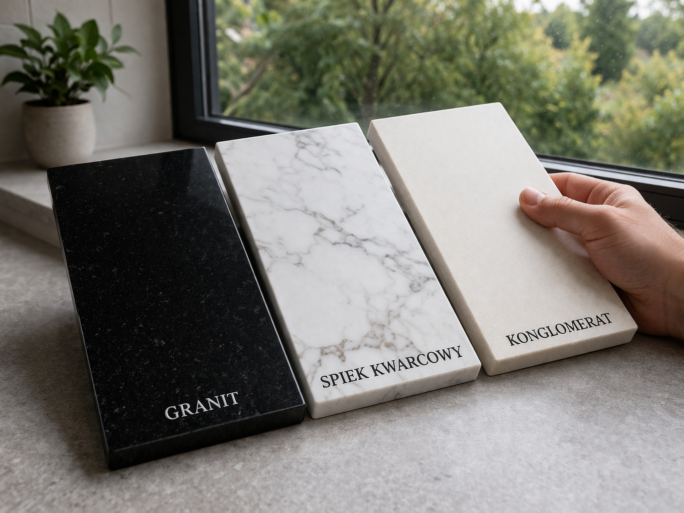 Porównanie materiałów na parapety wewnętrzne: granit, spiek kwarcowy czy konglomerat. Wizualizacja eleganckiego wykończenia okna na wymiar w salonie.