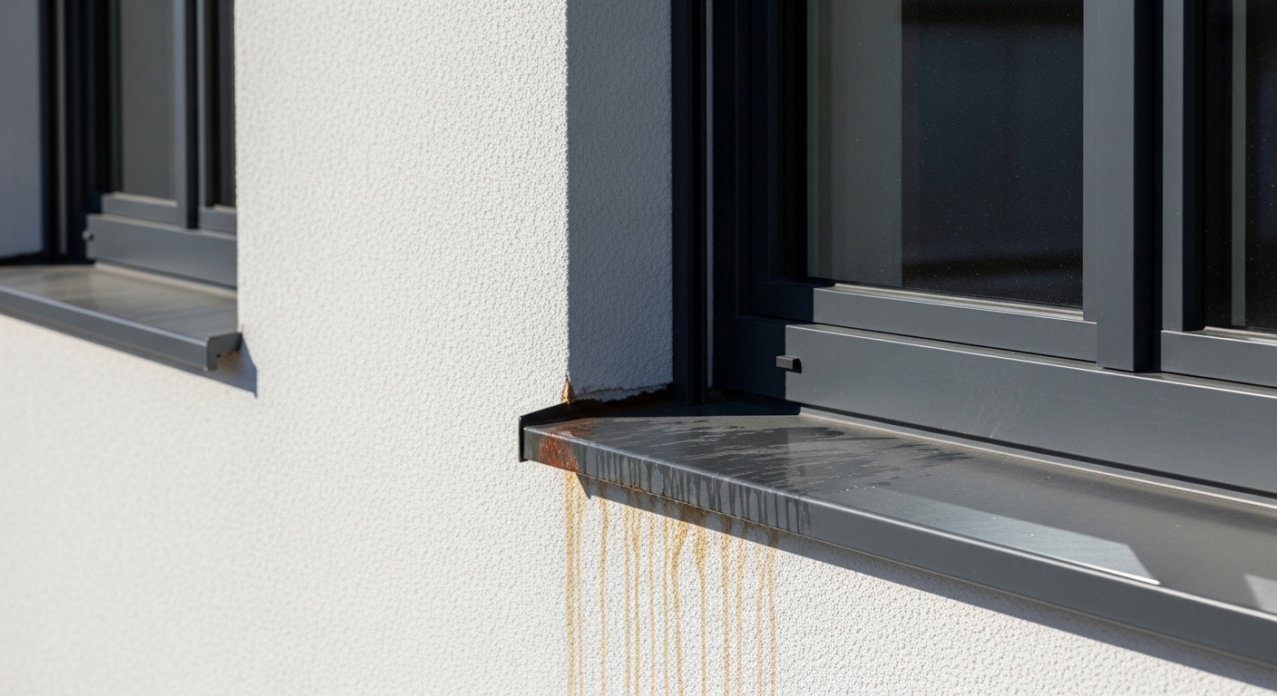 Zniszczony, skorodowany parapet metalowy powodujący rdzawy zaciek i niszczenie tynku na elewacji domu. Zniszczony, skorodowany parapet metalowy powodujący rdzawy zaciek i niszczenie tynku na elewacji domu