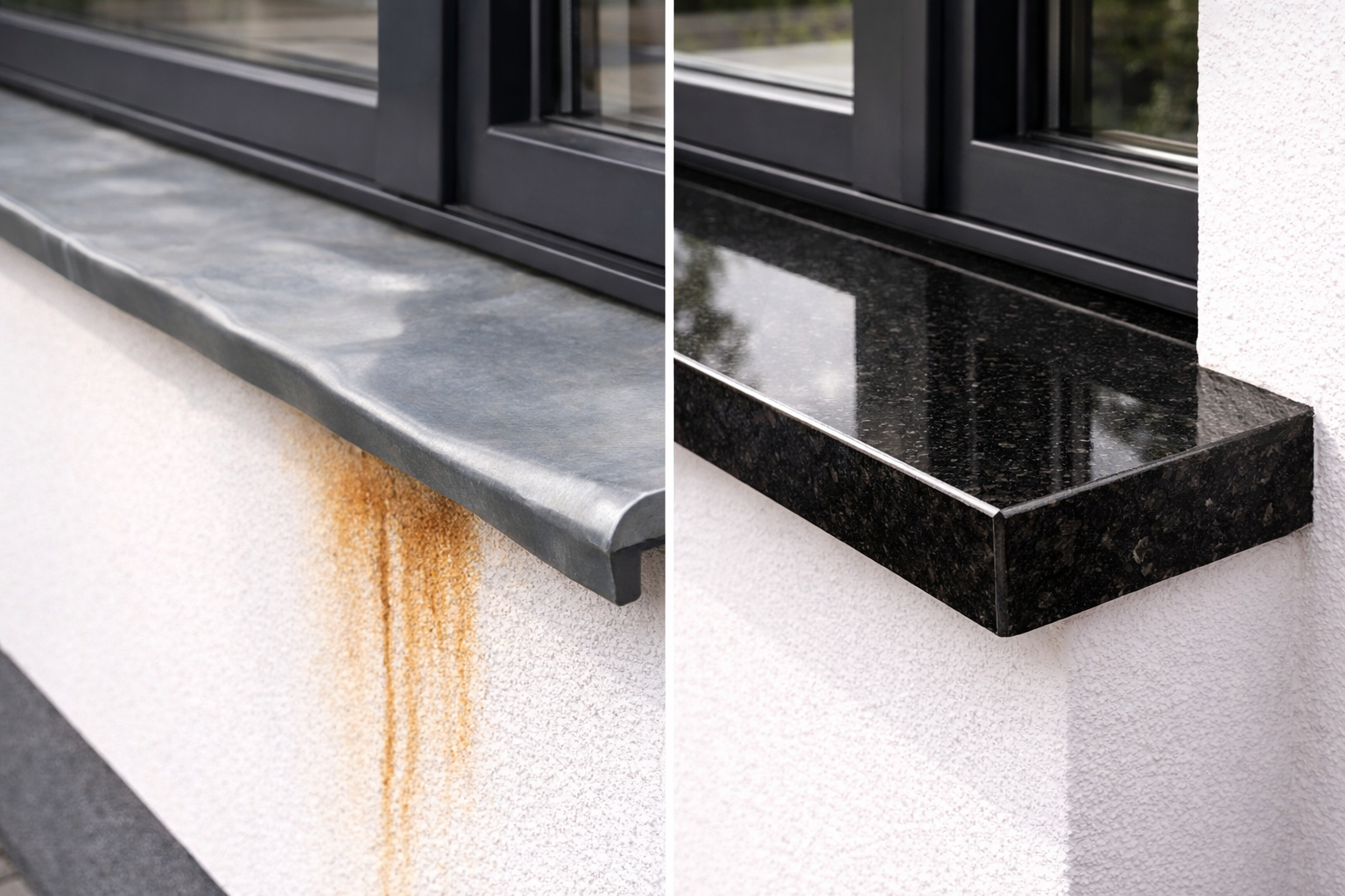 parapet-zewnetrzny-blacha-zacieki-rdza-elewacja-vs-granit-Absolute-Black-poler-czysty-parapet-porownanie